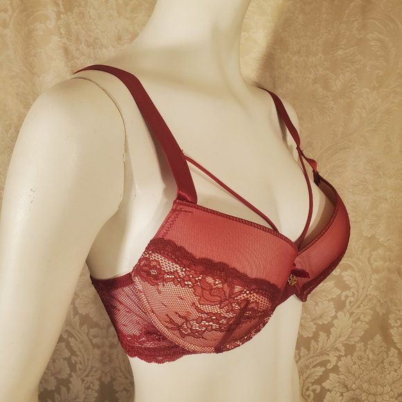 Daisy Fuentes Burgundy Maroon Cranberry Strappy Plunge Push Up Bra - Picture 2 of 5